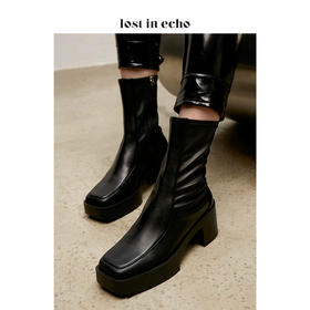 【微瑕疵不退不换】戚薇同款lost in echo 设计师原创 方头牛皮拼接弹力靴