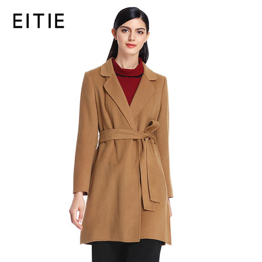 EITIE爱特爱秋冬复古纯色西装领修身中长款系带大衣女毛呢外套5214914 商品图1