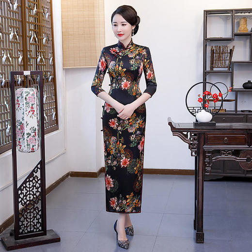 WXG-真丝旗袍长款长袖连衣裙改良秋季新款桑蚕丝 商品图3