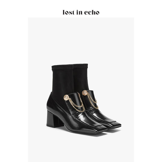 【微瑕疵不退不换】lost in echo设计师原创方头金属链条扣弹力短靴 商品图1