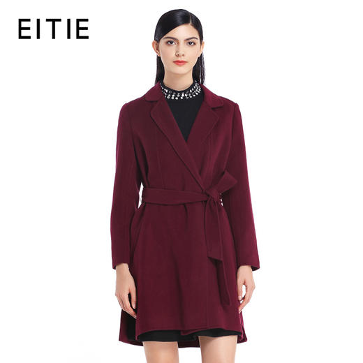 EITIE爱特爱秋冬复古纯色西装领修身中长款系带大衣女毛呢外套5214914 商品图2