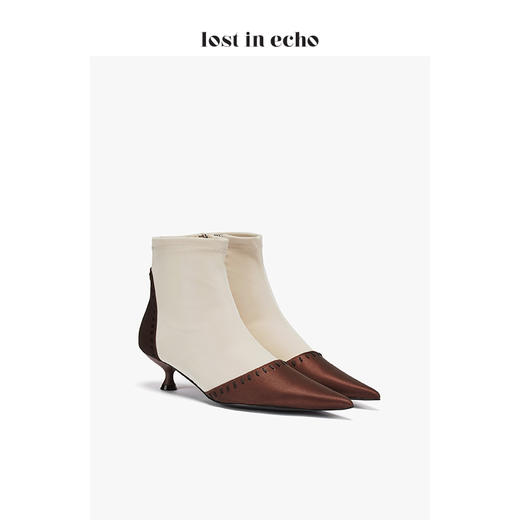 【微瑕疵不退不换】lost in echo设计师女鞋缝线拼接尖头短靴 棕色拼米色 商品图1