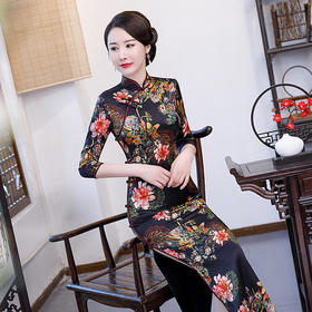 WXG-真丝旗袍长款长袖连衣裙改良秋季新款桑蚕丝