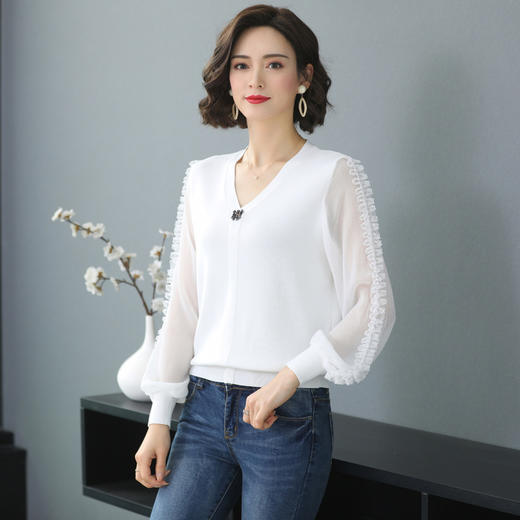 FCY-AS2001秋装短款针织衫上衣雪纺拼接灯笼袖时尚洋气打底衫 商品图2