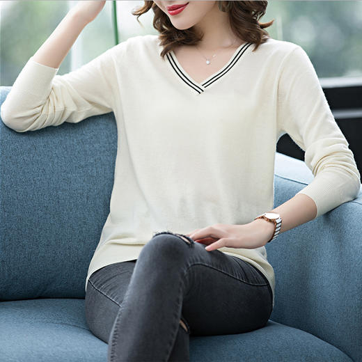 丁摩 100%羊毛V领宽松套头毛衣针织打底衫A819WX-149 商品图6