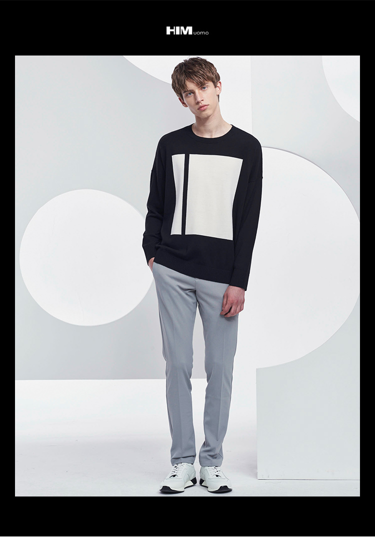 him汉崇男装春秋撞色针织衫圆领时尚长袖毛衫男士修身青年毛衣男