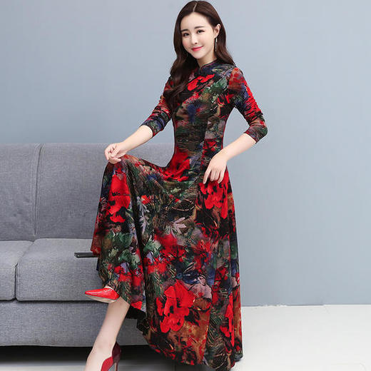 WF-5478秋季新款高贵洋气修身长款复古中年妈妈裙子长袖连衣裙 商品图1