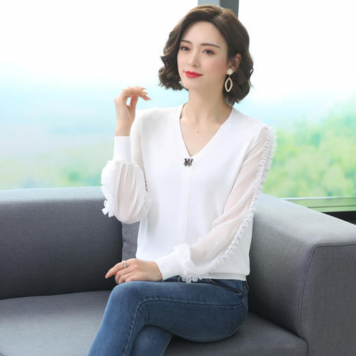 FCY-AS2001秋装短款针织衫上衣雪纺拼接灯笼袖时尚洋气打底衫 商品图1