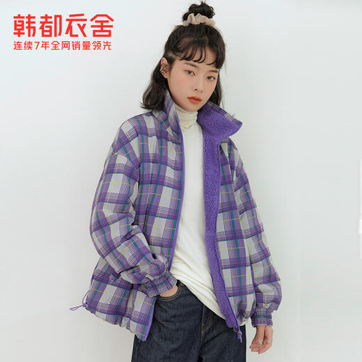 韩都衣舍2020冬装新款两穿格纹休闲立领颗粒绒棉衣棉服女OM81787 商品图2