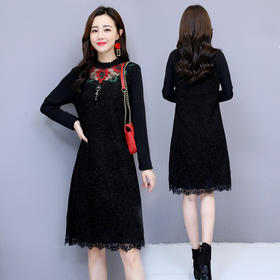 WZNH-JNFGN8100-28中长款拼接蕾丝绣花A字裙中腰圆领加厚连衣裙