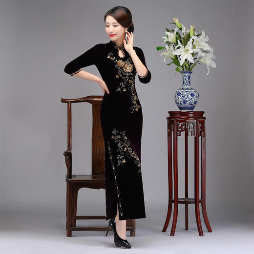 上海旗袍厂DNO-8AW9030女装2024丝绒旗袍长款连衣裙 商品图1