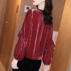 丁摩 酒红色薄金丝绒打底衫女士长袖新款圆领气质灯笼袖t恤上衣20-219 商品缩略图4