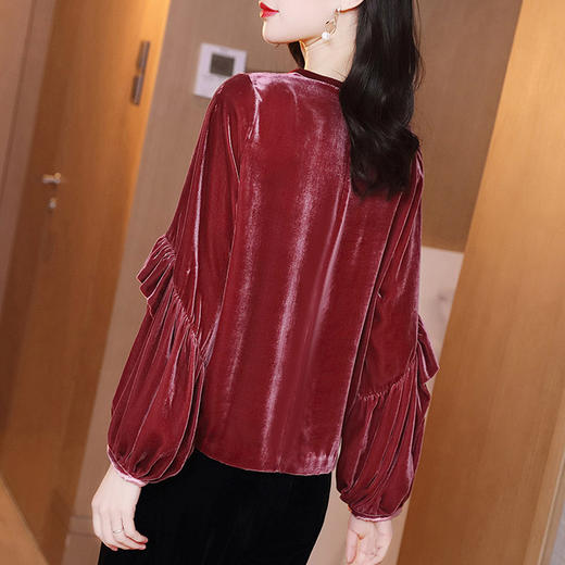 丁摩 酒红色薄金丝绒打底衫女士长袖新款圆领气质灯笼袖t恤上衣20-219 商品图4