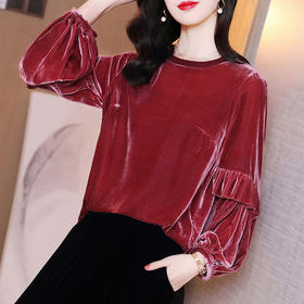 丁摩 酒红色薄金丝绒打底衫女士长袖新款圆领气质灯笼袖t恤上衣20-219