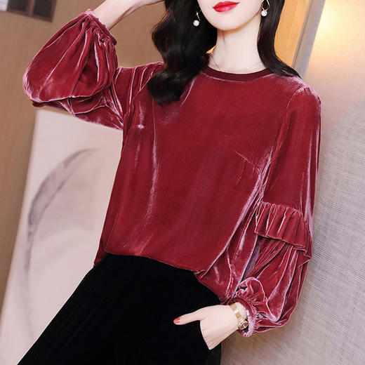 丁摩 酒红色薄金丝绒打底衫女士长袖新款圆领气质灯笼袖t恤上衣20-219 商品图0