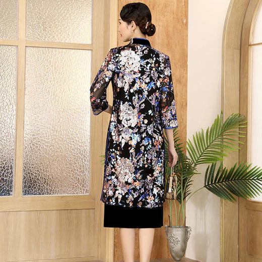 DLQ-A2699新款中国风优雅气质立领七分袖印花亮片长款风衣外套 商品图2