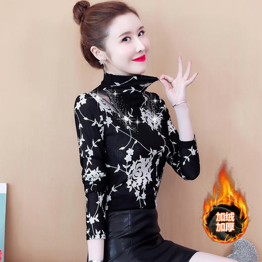 KQL-320H1745时尚新款高领印花加绒拼接修身显瘦网纱打底小衫 商品图0