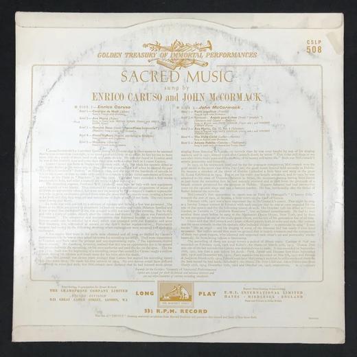 LP黑胶唱片 不朽表演中的宝库 男高音歌唱家恩里科·卡鲁索和约翰·麦考马克演唱的神圣音乐 商品图1