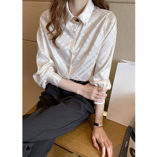 AQJ-8110时尚洋气设计感小众上衣宽松长袖缎面衬衣打底衫 商品图1