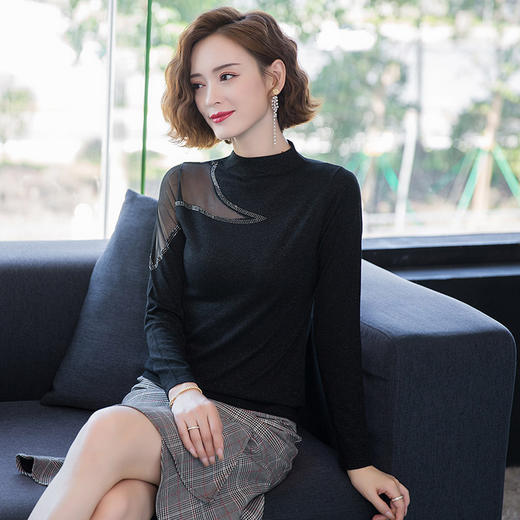 FCY-MYN2077镶钻网纱袖半高领针织衫 商品图0