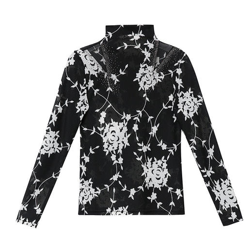 KQL-320H1745时尚新款高领印花加绒拼接修身显瘦网纱打底小衫 商品图4