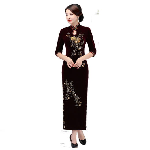 上海旗袍厂DNO-8AW9030女装2024丝绒旗袍长款连衣裙 商品图3