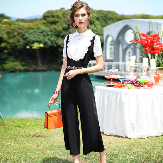 FMY-F20XL31227假两件连体裤显瘦高腰蕾丝拼接连衣阔腿裤 商品图0