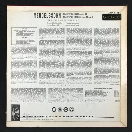 LP黑胶唱片 门德尔松《降E大调弦乐四重奏No.1, Op.12》《D大调弦乐四重奏Op. 44》 艺术家弦乐四重奏团演 商品图1