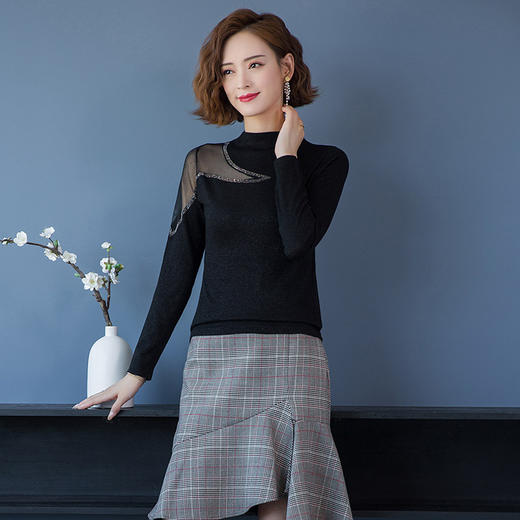 FCY-MYN2077镶钻网纱袖半高领针织衫 商品图2