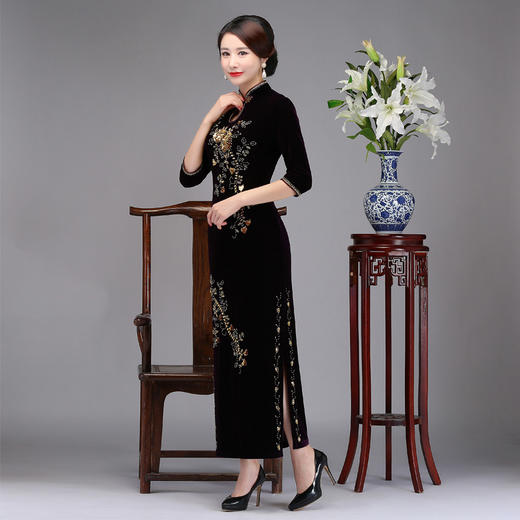 上海旗袍厂DNO-8AW9030女装2024丝绒旗袍长款连衣裙 商品图2