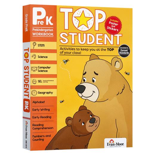 美国加州教辅 优等生系列练习册 幼儿园小中班 英文原版 Evan-Moor Top Student Grade Prek 英语数学STEM科学计算机 英文版 商品图0
