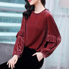 丁摩 酒红色薄金丝绒打底衫女士长袖新款圆领气质灯笼袖t恤上衣20-219 商品缩略图1