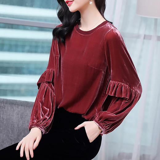 丁摩 酒红色薄金丝绒打底衫女士长袖新款圆领气质灯笼袖t恤上衣20-219 商品图1