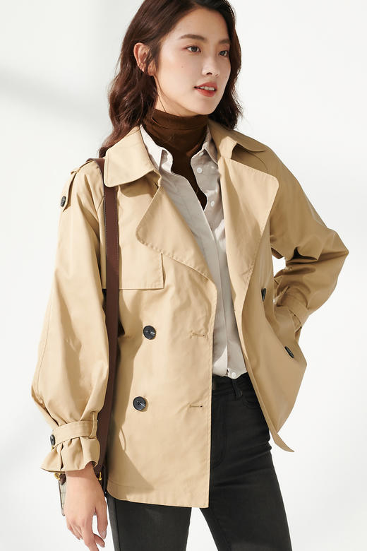 初棉质感满满显高显瘦卡其色短款风衣女微灯笼袖收腰短风衣外套
