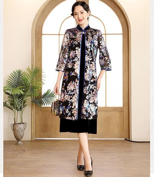 DLQ-A2699新款中国风优雅气质立领七分袖印花亮片长款风衣外套 商品图0