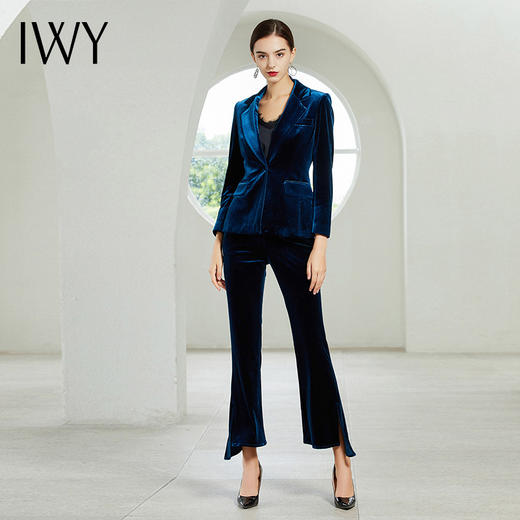 IWY/蓝色丝绒长袖西装喇叭长裤套装CP358-L 商品图0