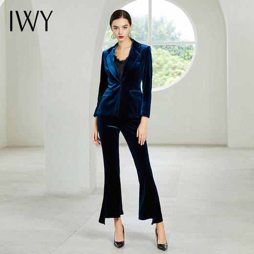 IWY/蓝色丝绒长袖西装喇叭长裤套装CP358-L 商品图1