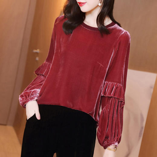 丁摩 酒红色薄金丝绒打底衫女士长袖新款圆领气质灯笼袖t恤上衣20-219 商品图2