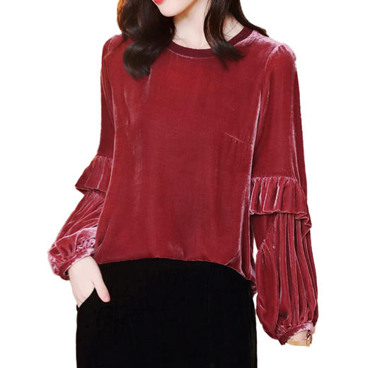 丁摩 酒红色薄金丝绒打底衫女士长袖新款圆领气质灯笼袖t恤上衣20-219 商品图5