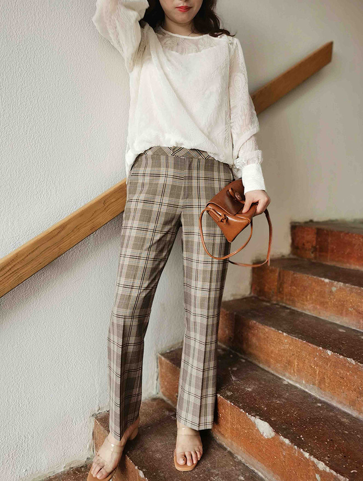 【橘钻】kc136 经典英伦格子长裤 咖色大格纹2色直筒裤 显瘦显腿长