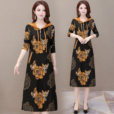 WE-932 印花貂绒连衣裙女中长款2020秋装新款修身大码连帽气质时尚a字裙 商品图1