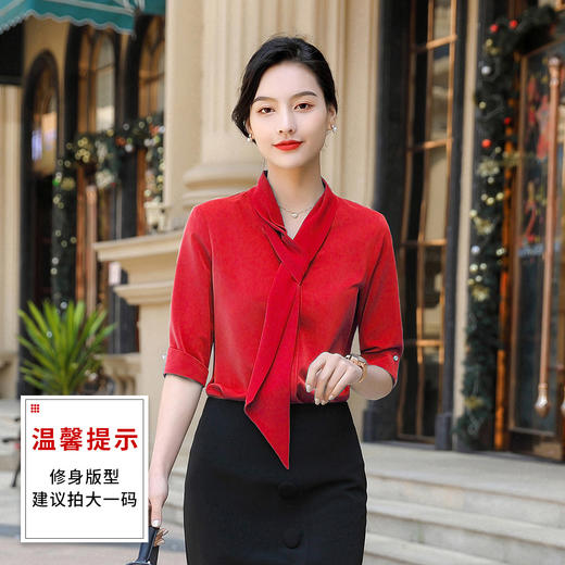 罗蒙衬衫女短袖时尚飘带衬衣商务休闲百搭纯色半袖女衬衫 商品图5