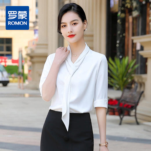罗蒙衬衫女短袖时尚飘带衬衣商务休闲百搭纯色半袖女衬衫 商品图0