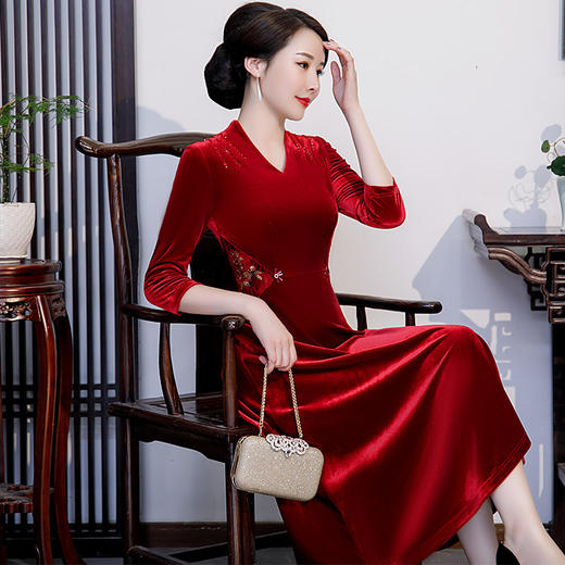 QQ9748新款改良修身金丝绒刺绣中式连衣裙TZF 商品图2