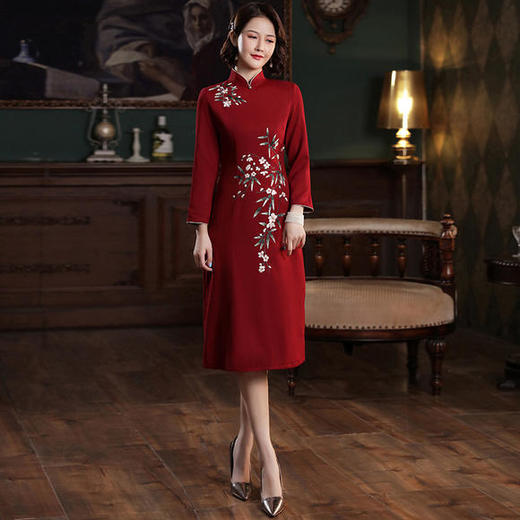 XGT-Q2409郡竹2020秋季新款改良针织古典印花A摆中长款旗袍裙 商品图0