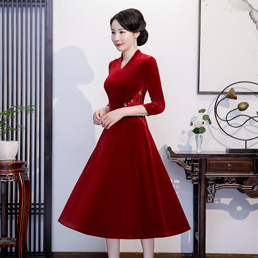 QQ9748新款改良修身金丝绒刺绣中式连衣裙TZF 商品图0