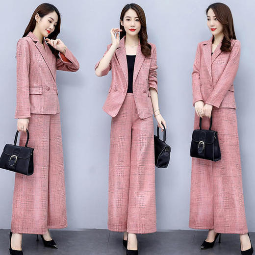 WZNH-RSLD8508简约舒适时尚格纹阔腿裤两件套 商品图0