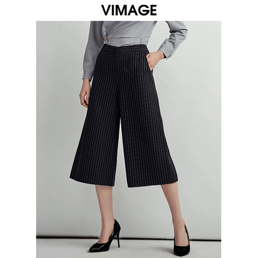 VIMAGE纬漫纪时尚通勤显瘦条纹百搭简约阔腿七分裤女V1405001D 商品图2