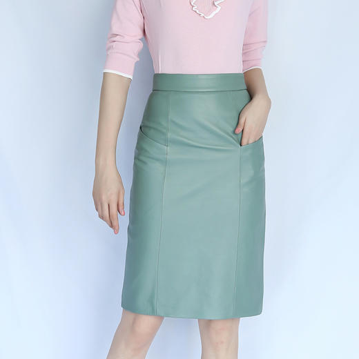 丁摩 真皮羊皮皮裙包臀裙职业OL简约修身显瘦中裙半身裙8345WX186 商品图0