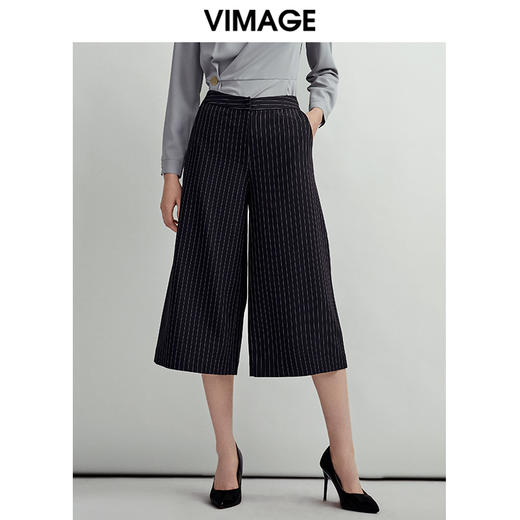 VIMAGE纬漫纪时尚通勤显瘦条纹百搭简约阔腿七分裤女V1405001D 商品图0